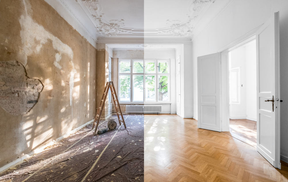 Before and after split concept photo of a room being renovated